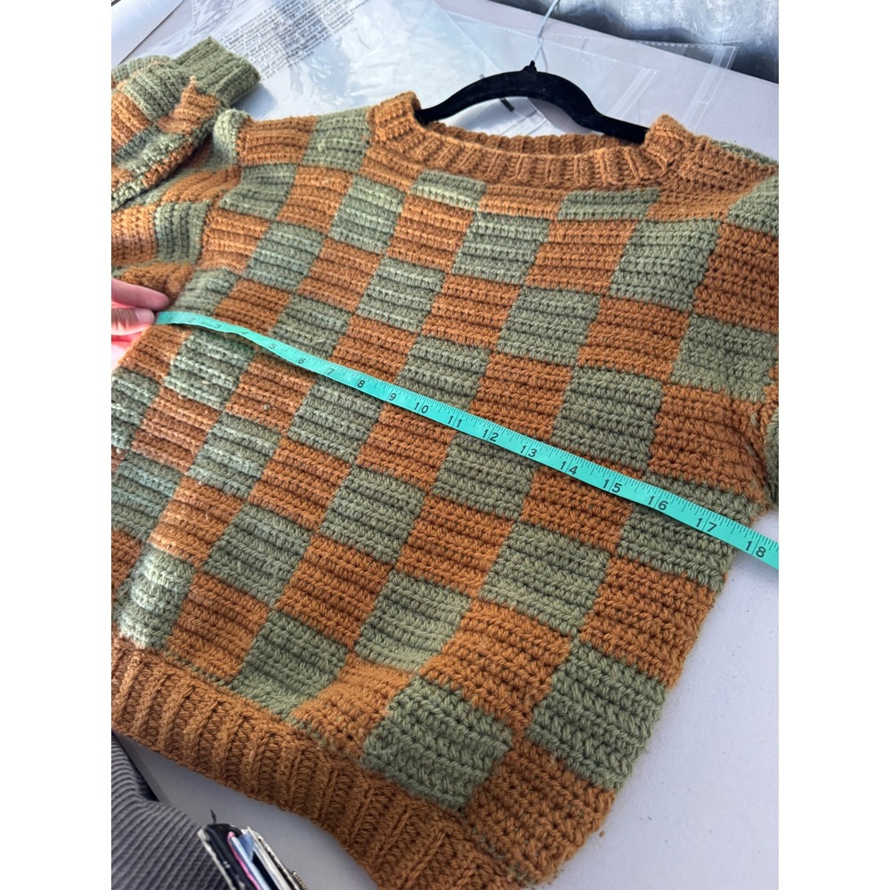 Vintage Handmade Crochet Knit Checkerboard Sweater Orange Green Balloon Sleeve - Picture 3 of 10